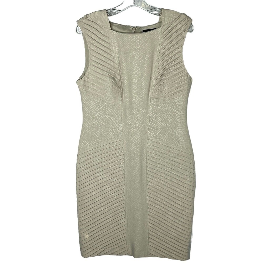 Adriana Papell Beige Diagonal Tucked Sheath Sleeveless Dress Size 12